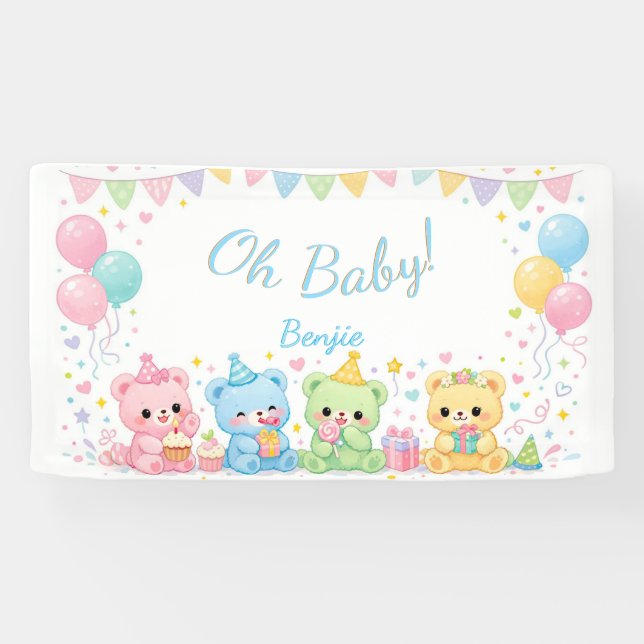 Oh Baby Boy Cute Bunny Pastel Baby Shower Banner (Horizontal)