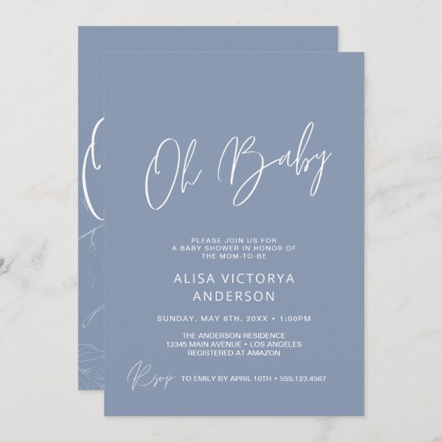 Oh Baby Boy Dusty Blue Simple Shower Invitation (Front/Back)