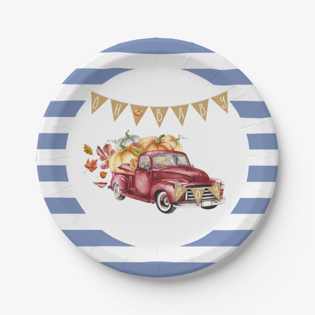 Oh Baby Boy Little Pumpkin Fall Baby Shower Paper Plate (Front)