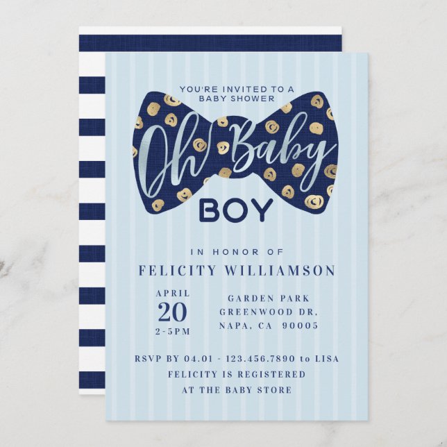 Oh Baby Boy Navy Bow Tie Baby Shower Invitation (Front/Back)