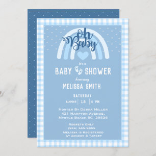 Oh Baby Boy Rainbow Heart Blue Baby Shower Invitation