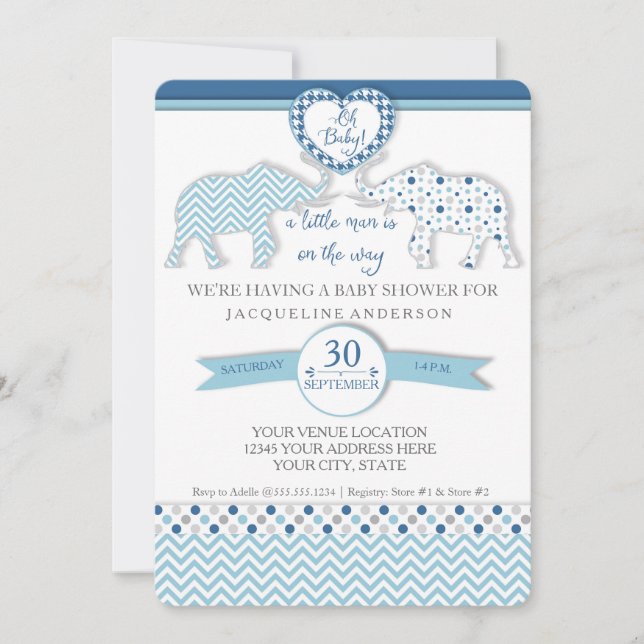 Oh Baby BOY Shower Heart Elephants Little Man Invitation (Front)