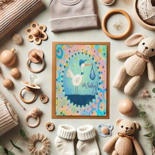 Oh Baby Boy Stork Whimsical Cute Blue Card