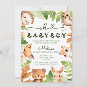 Oh Baby Boy Watercolor Forest Baby Boy Shower Invitation