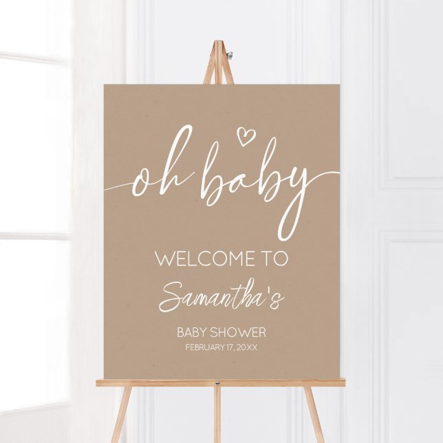 Oh Baby Brown Minimalist Welcome Poster (Brown Minimalist Heart Baby Shower Welcome Sign)