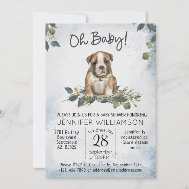 Oh Baby! Bulldog Puppy Watercolor Dog Baby Shower Invitation (Front)