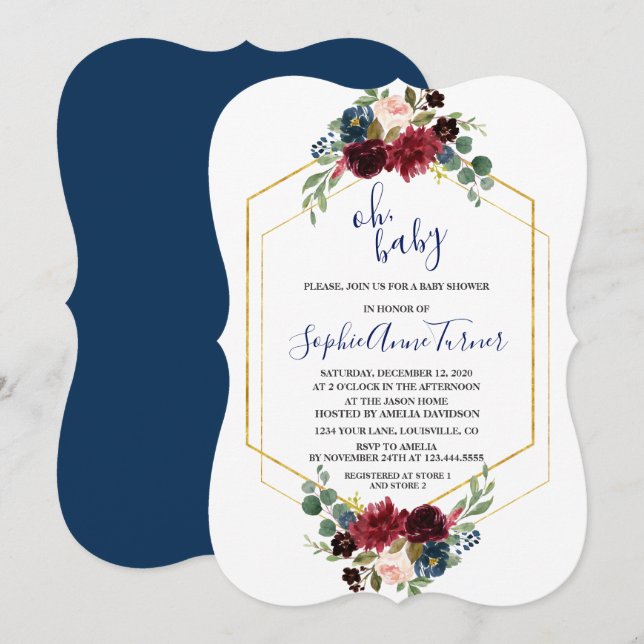 Oh BABY Burgundy Floral Gold Hexagon Baby Shower Invitation (Front/Back)