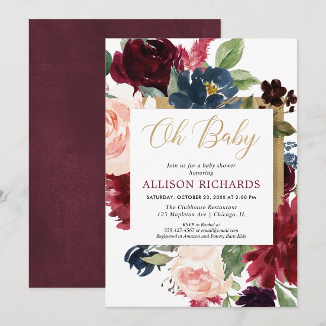 Oh baby Burgundy gold fall floral girl baby shower Invitation (Front/Back)