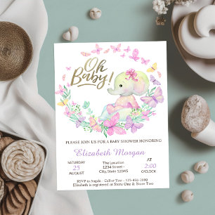 Oh Baby Butterflies Elephant Baby Shower Invitation