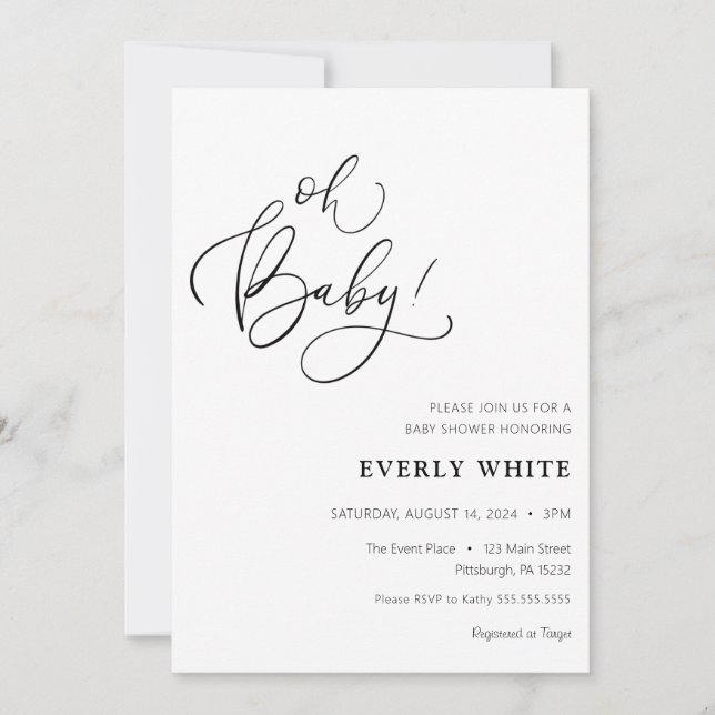 "Oh Baby" Calligraphy Baby Shower invitation (Front)
