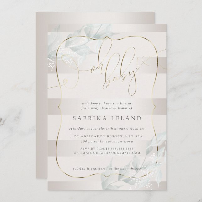 OH Baby! Calligraphy Ombré Taupe Stripes Invitation (Front/Back)