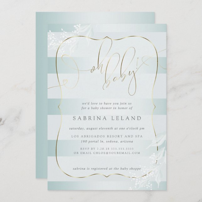 OH Baby! Calligraphy Ombré Teal Blue Stripes Invitation (Front/Back)