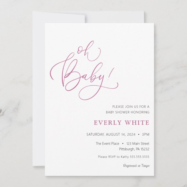 "Oh Baby" Calligraphy Pink Baby Shower invitation (Front)
