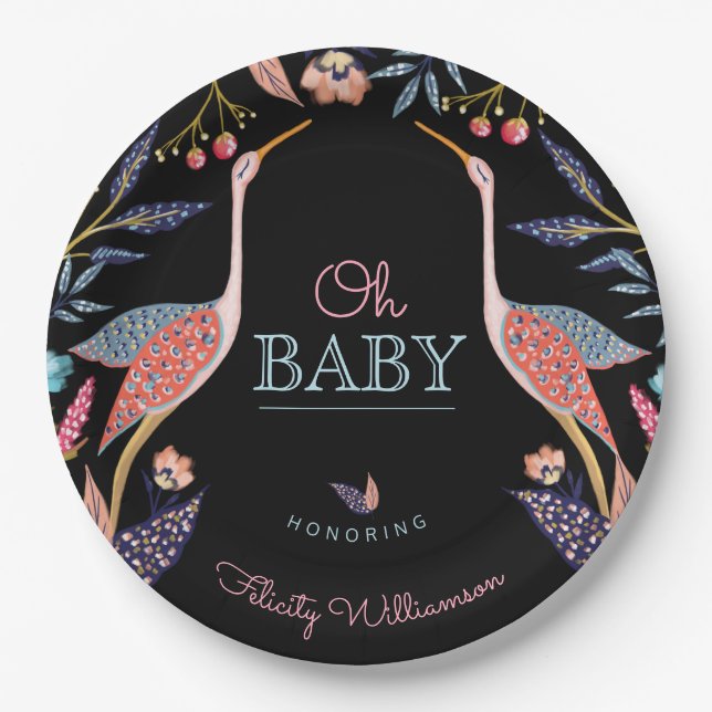 Oh Baby | Chic Floral Botanical Stork Baby Shower Paper Plate (Front)