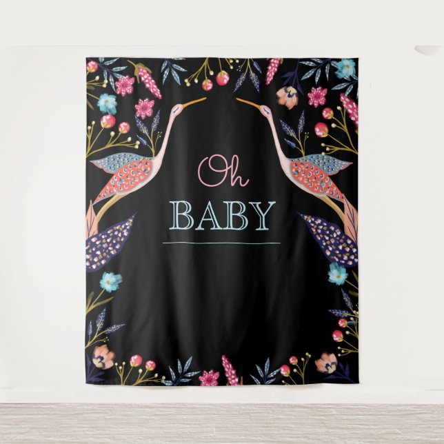 Oh Baby | Chic Floral Botanical Stork Baby Shower Tapestry (Front)