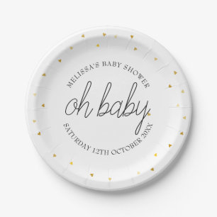 Oh Baby Chic Script Gold Heart Baby Shower Paper Plate