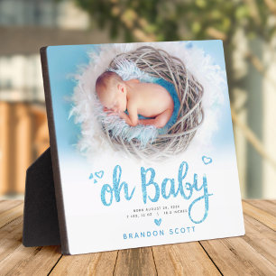 “Oh Baby” Chic Sweet Boy Birth Photo Blue Keepsake Plaque