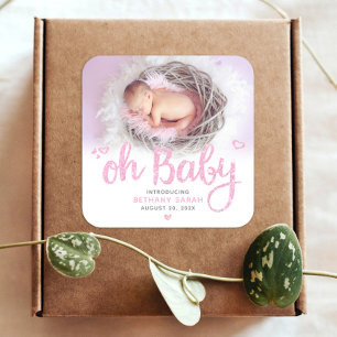 Oh Baby Chic Sweet Modern Pink Girl Birth Photo Square Sticker