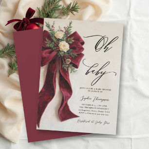 Oh Baby Christmas Calligraphy Red Bow Baby Shower Invitation