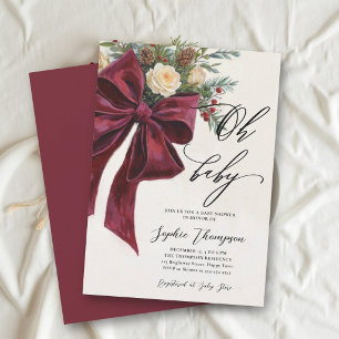 Oh Baby Christmas Modern Burgundy Bow Baby Shower Invitation