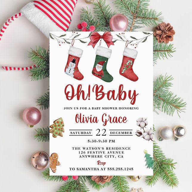 Oh Baby! Christmas Sock Baby Shower Party Invitation (Creator Uploaded)