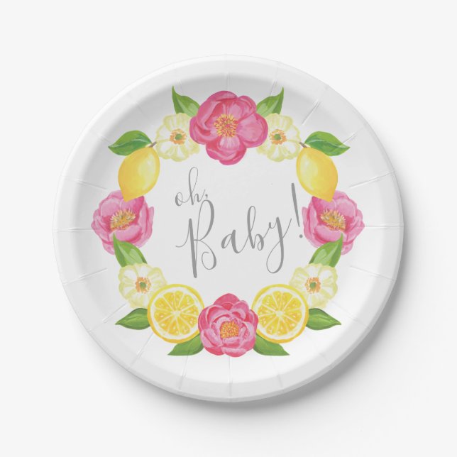 Oh Baby Citrus Lemon Floral Wreath Baby Shower Paper Plate (Front)