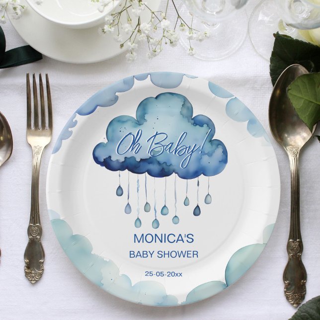 Oh Baby cloud baby shower template Paper Plate (Oh Baby blue whimsical cloud baby shower template Paper Plates personalized tableware decor)