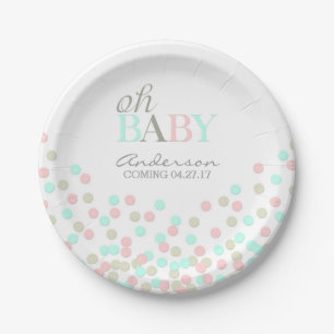 Oh Baby Confetti Gender Reveal Party Pink Blue Paper Plate