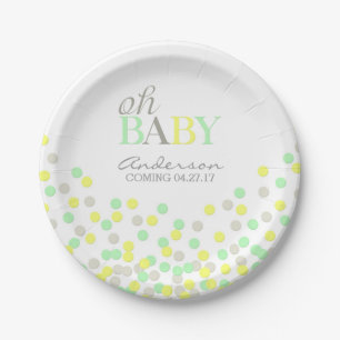 Oh Baby Confetti Gender Reveal Party Yellow Aqua Paper Plate