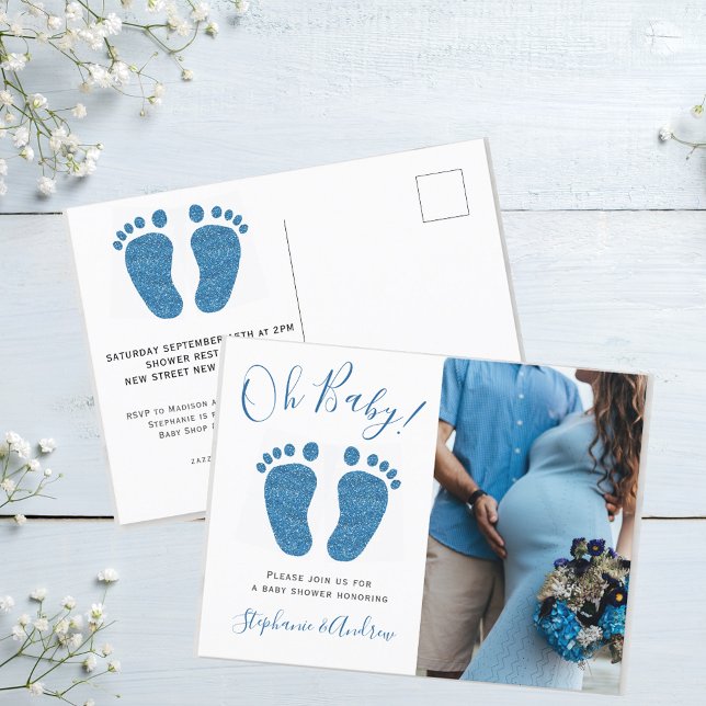 Oh Baby Couples Photo Boy's Baby Shower Announcement Postcard (Creator Uploaded)
