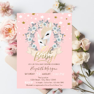 Oh Baby Cute Baby Deer Gold Stars Baby Shower Invitation