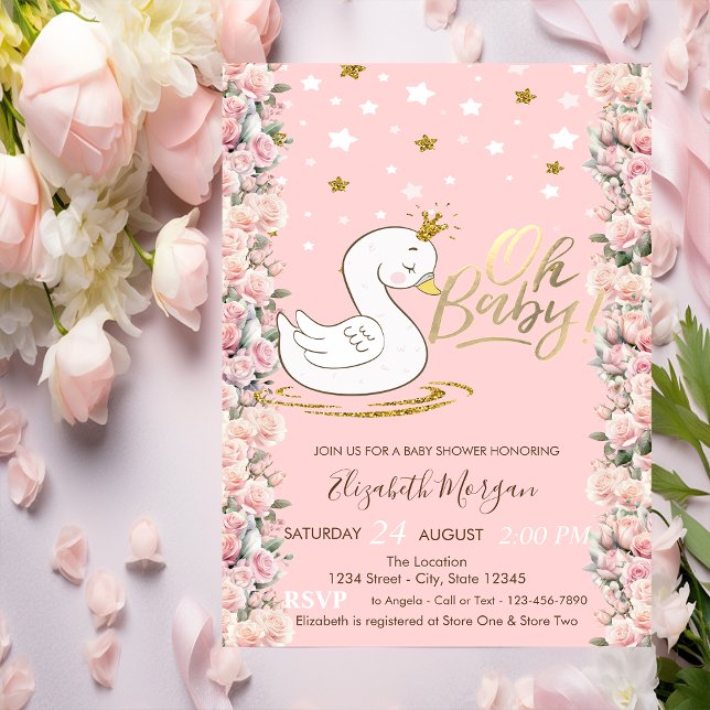 Oh Baby Cute Baby Swan Crown Roses  Baby Shower Invitation (Creator Uploaded)