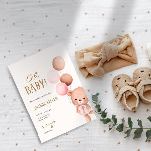 Oh Baby! Cute Bear & Balloons Pink Baby Shower Invitation