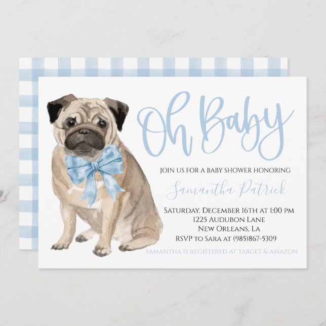 Oh Baby! Cute Dog Blue Boy Shower Invitation (Front/Back)
