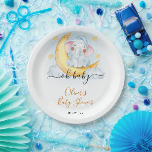 Oh Baby Cute Elephant watercolor Baby Shower Paper Plate
