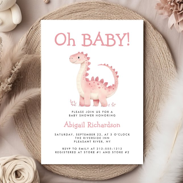 Oh Baby Cute Pink Dinosaur Girls Baby Shower Invitation (Creator Uploaded)