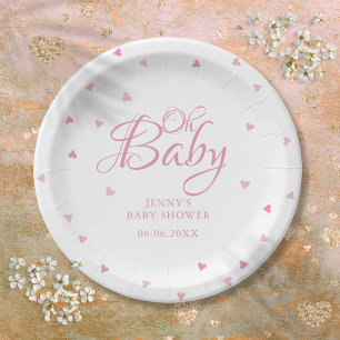 Oh Baby Cute Pink Hearts Baby Shower Paper Plate