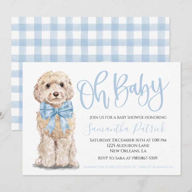 Oh Baby! Cute Puppy Dog Boy Baby Shower Invitation (Front/Back)