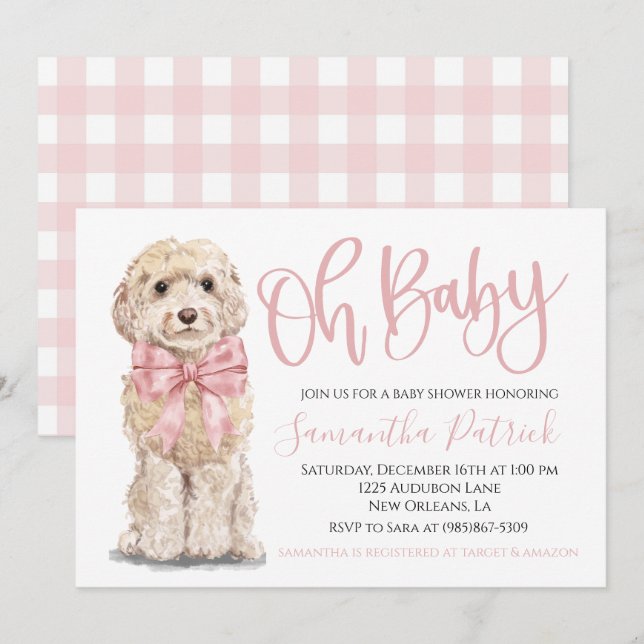 Oh Baby! Cute Puppy Dog Pink Gingham Dog Shower Invitation (Front/Back)