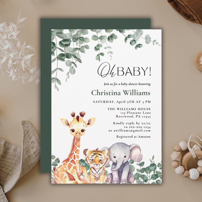 Oh Baby Cute Watercolor Safari Animals Baby Shower Invitation (Creator Uploaded)