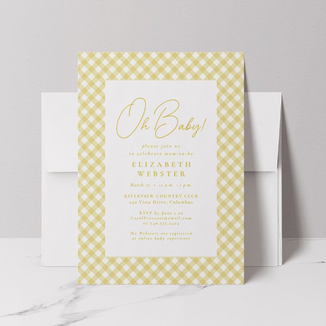 Oh baby cute yellow gingham neutral baby shower invitation (Creator Uploaded)
