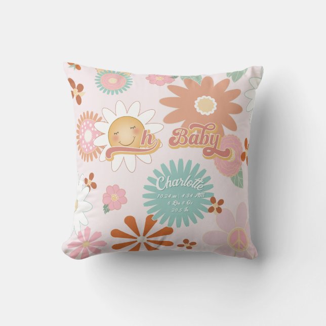 Oh Baby Daisy Flower Power Retro 60s 70s Pink Aqua Cushion (Front)
