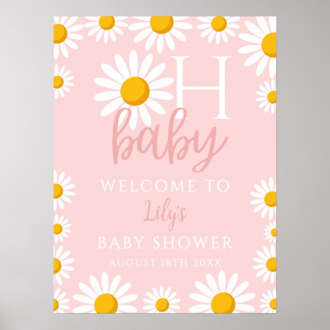 Oh Baby Daisy Pink Baby Shower Welcome Sign (Front)