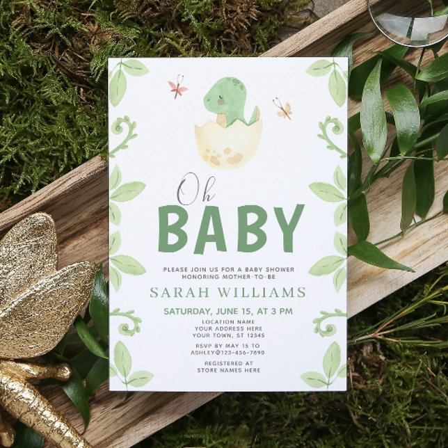Oh Baby Dinosaur Girl Green Watercolor Shower Invitation (Get ready for a Jurassic celebration with our adorable dinosaur baby shower invitations! 🦕)
