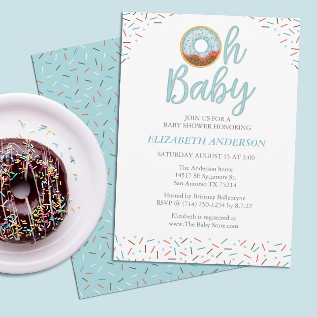 Oh Baby Doughnut Sprinkle Baby Boy Shower Invitati Invitation (A donut themed baby boy shower invitation.)