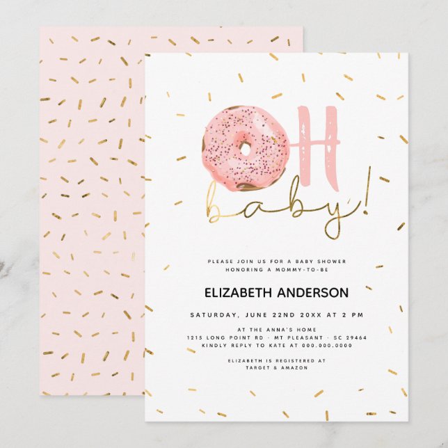 Oh Baby Doughnut & Sprinkles Gold Girl Baby Shower Invitation (Front/Back)