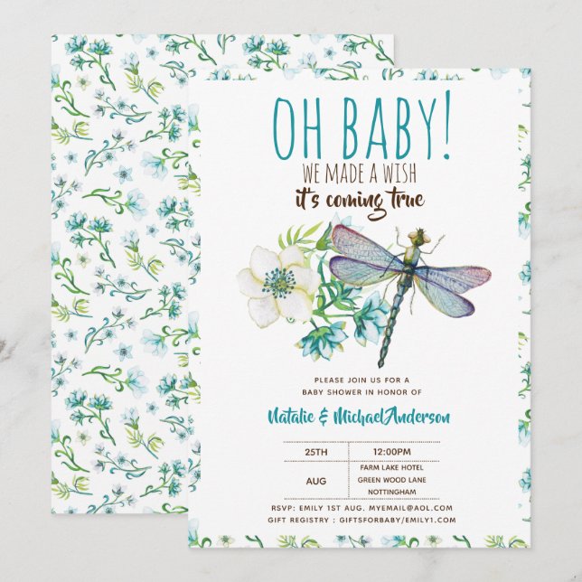 Oh Baby DRAGONFLY Make A Wish Baby Shower Floral Invitation (Front/Back)