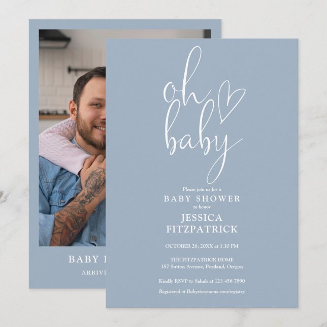 Oh Baby Dusty Blue Boy Photo Baby Shower Invitation (Front/Back)