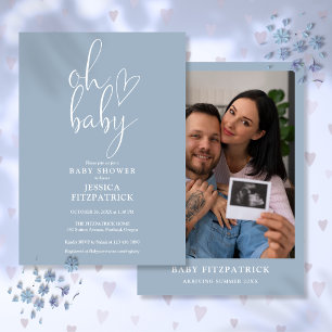 Oh Baby Dusty Blue Boy Photo Baby Shower Invitation