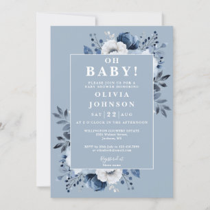 Oh Baby Dusty Blue Elegant Floral Baby Shower Invitation